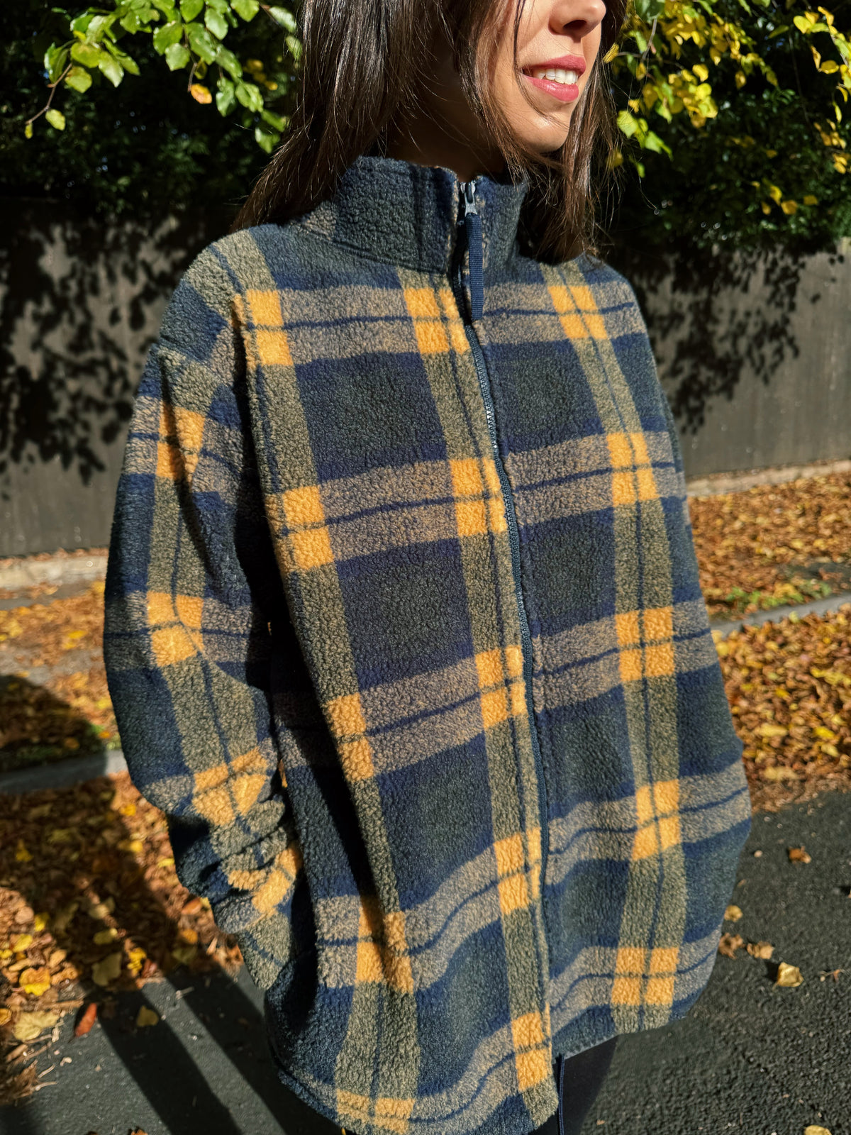 Vintage Navy & Mustard Plaid Zip Up Teddy Fleece Jacket