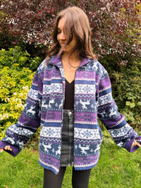 Vintage Reindeer & Snowflake Pattern Zip Up Fleece Jacket