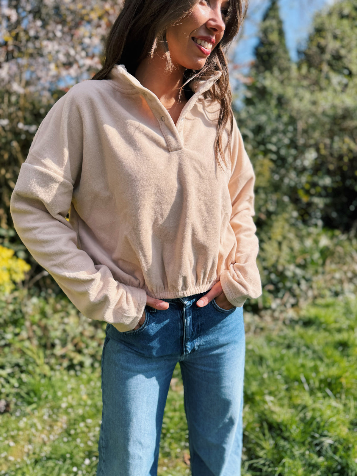 Cosy Nude 1/4 Button Cropped Fleece