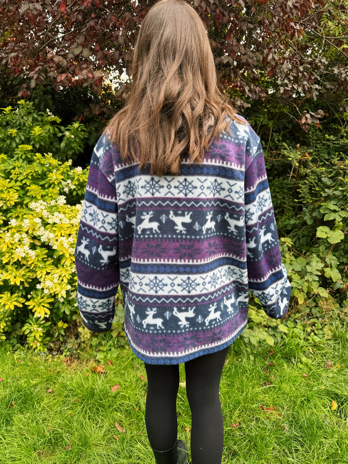 Vintage Reindeer & Snowflake Pattern Zip Up Fleece Jacket