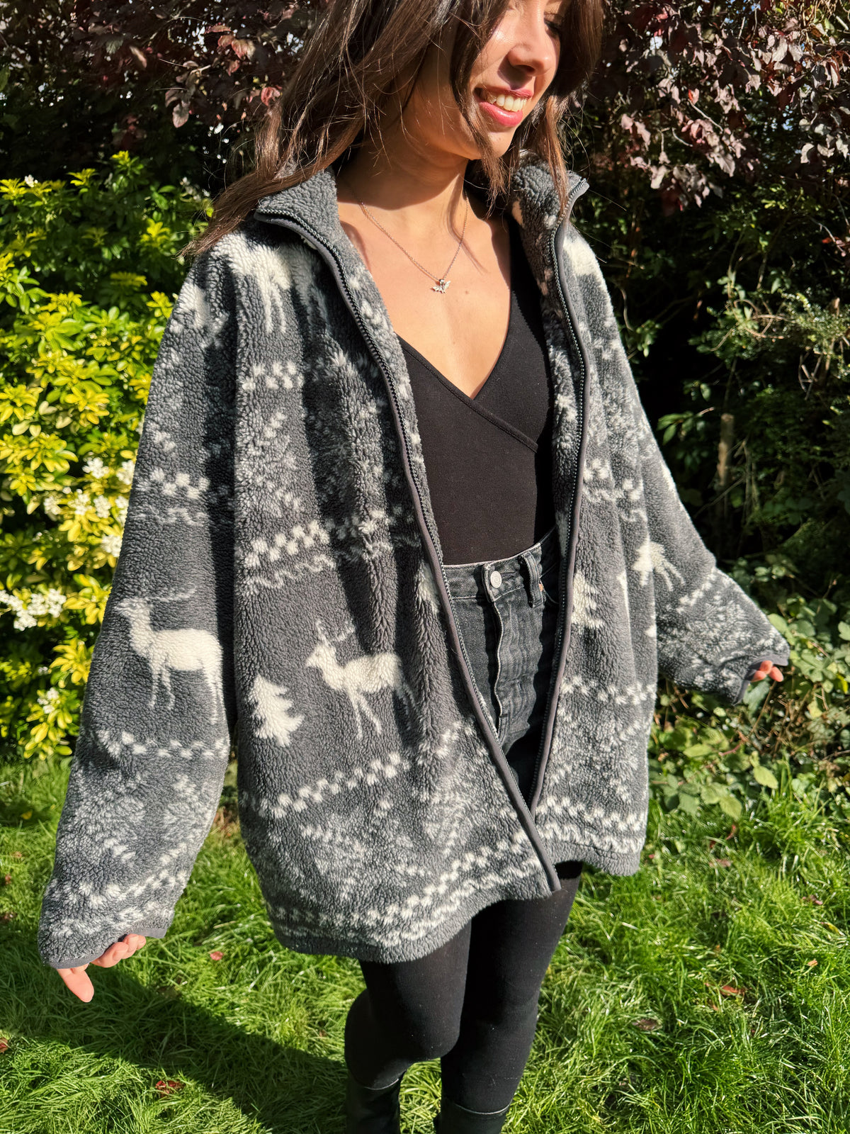 Vintage Reindeer Patterned Zip-Up Teddy Fleece Jacket