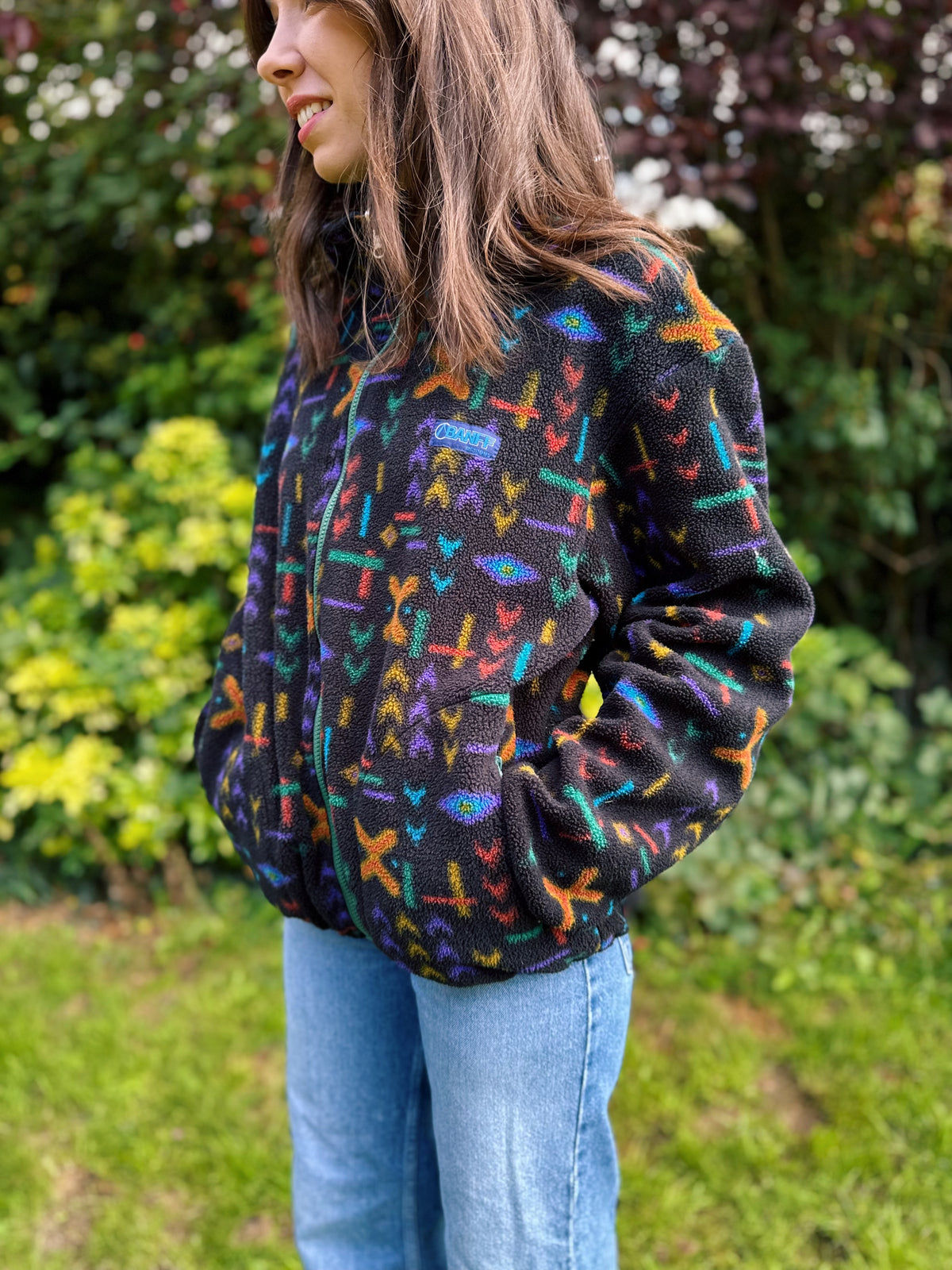 Vintage Abstract Pattern Full Zip Polartec  Fleece Jacket