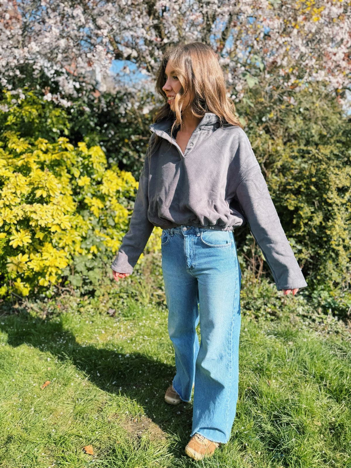 Cosy Charcoal 1/4 Button Cropped Fleece