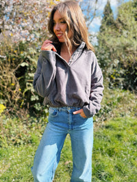 Cosy Charcoal 1/4 Button Cropped Fleece