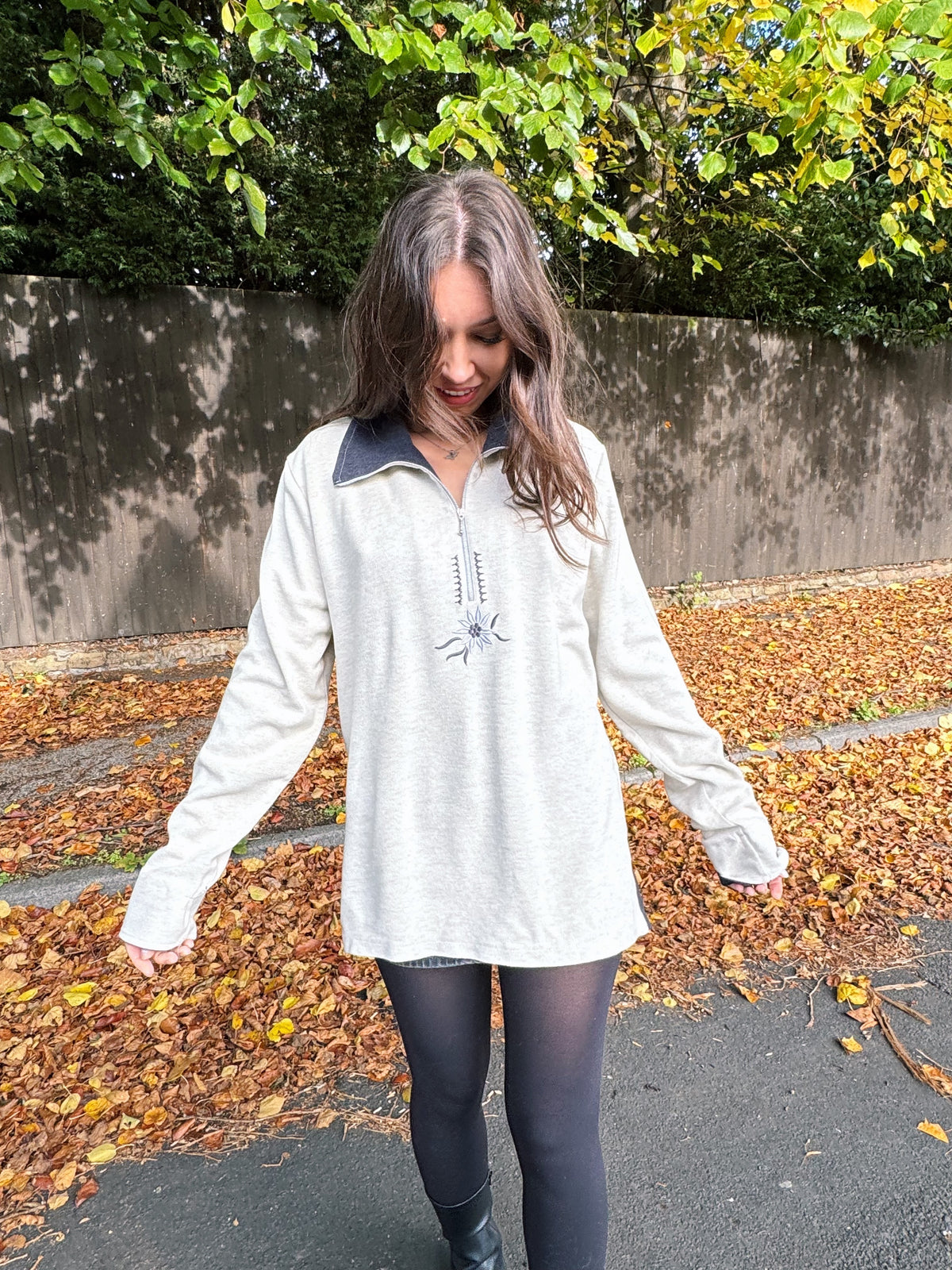 Vintage Light Grey Embroidered 1/4 Zip Fleece Top