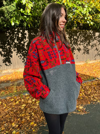 Vintage 90s Abstract Pattern Red & Grey 1/4 Zip Polartec Fleece