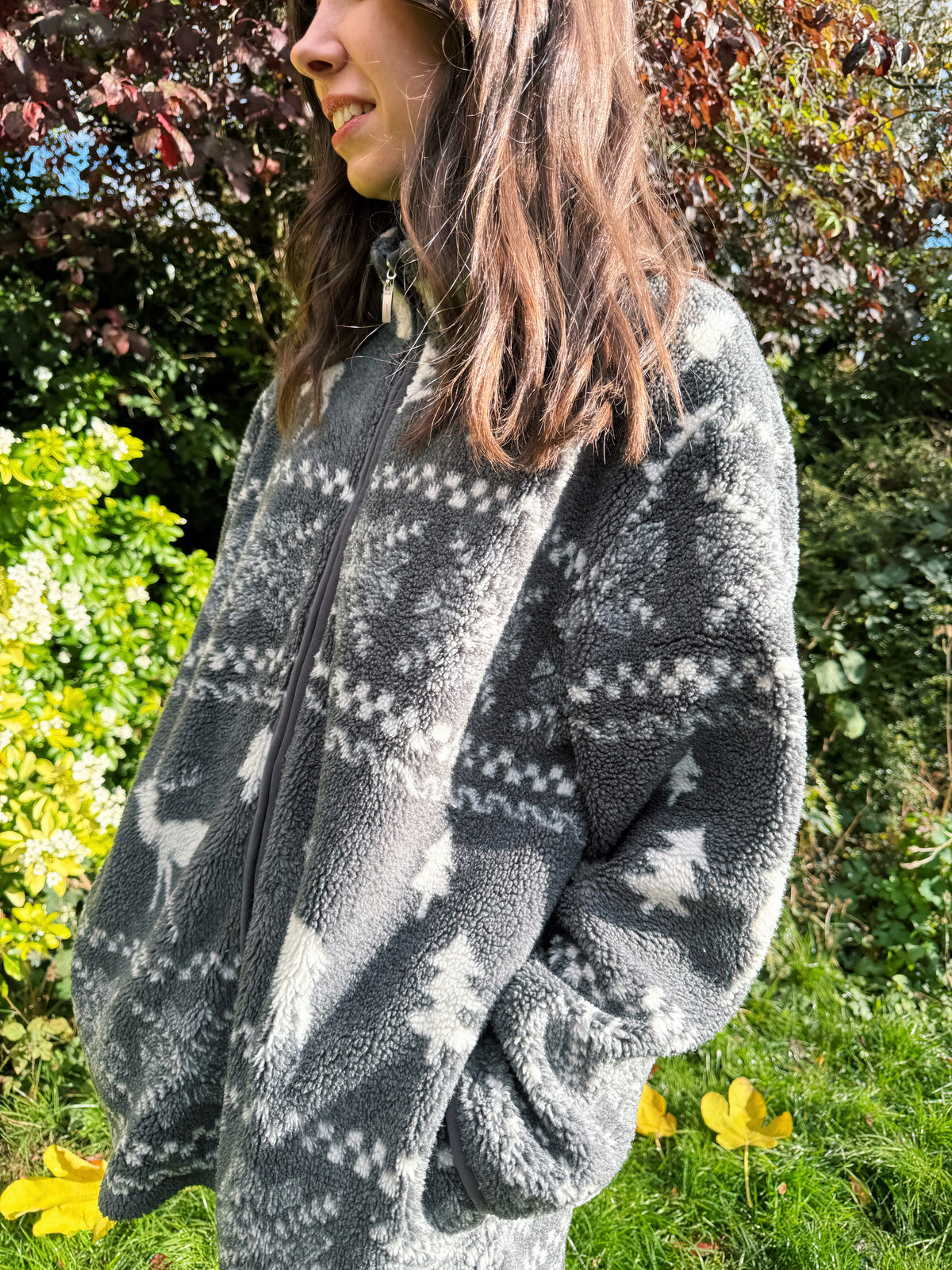 Vintage Reindeer Patterned Zip-Up Teddy Fleece Jacket