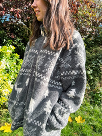 Vintage Reindeer Patterned Zip-Up Teddy Fleece Jacket