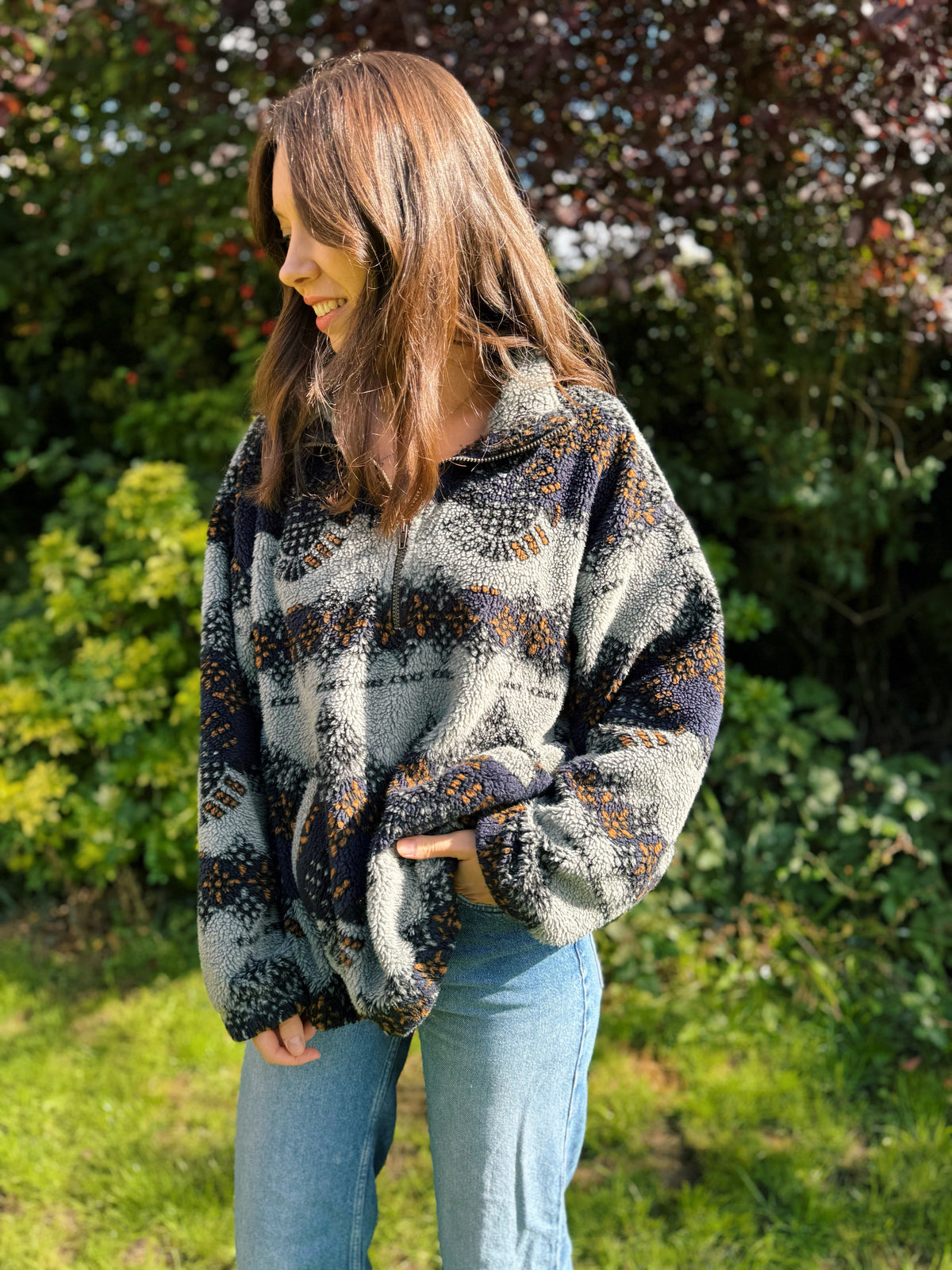 Vintage Abstract Pattern 1/4 Zip Teddy  Fleece Jacket