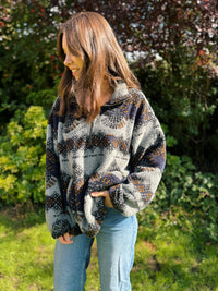 Vintage Abstract Pattern 1/4 Zip Teddy  Fleece Jacket