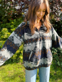 Vintage Abstract Pattern 1/4 Zip Teddy  Fleece Jacket