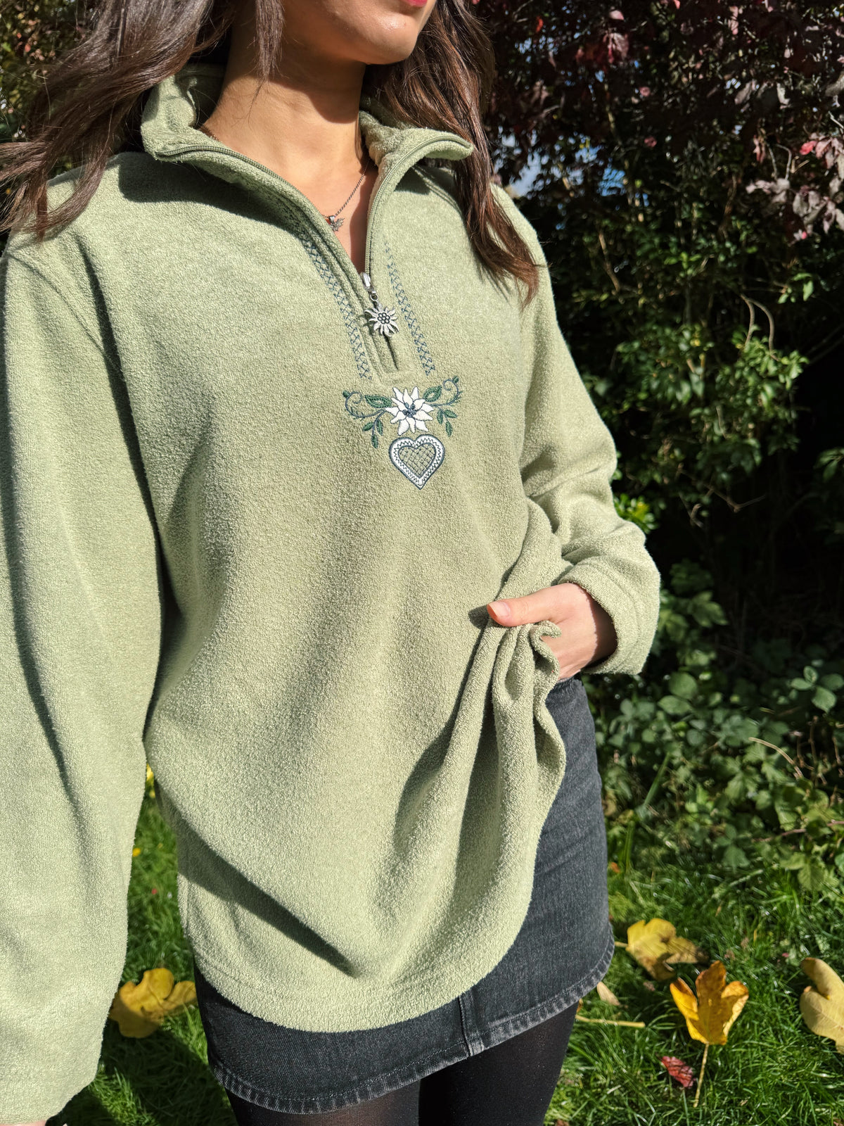 Vintage Sage Green Embroidered 1/4 Zip Fleece Pullover