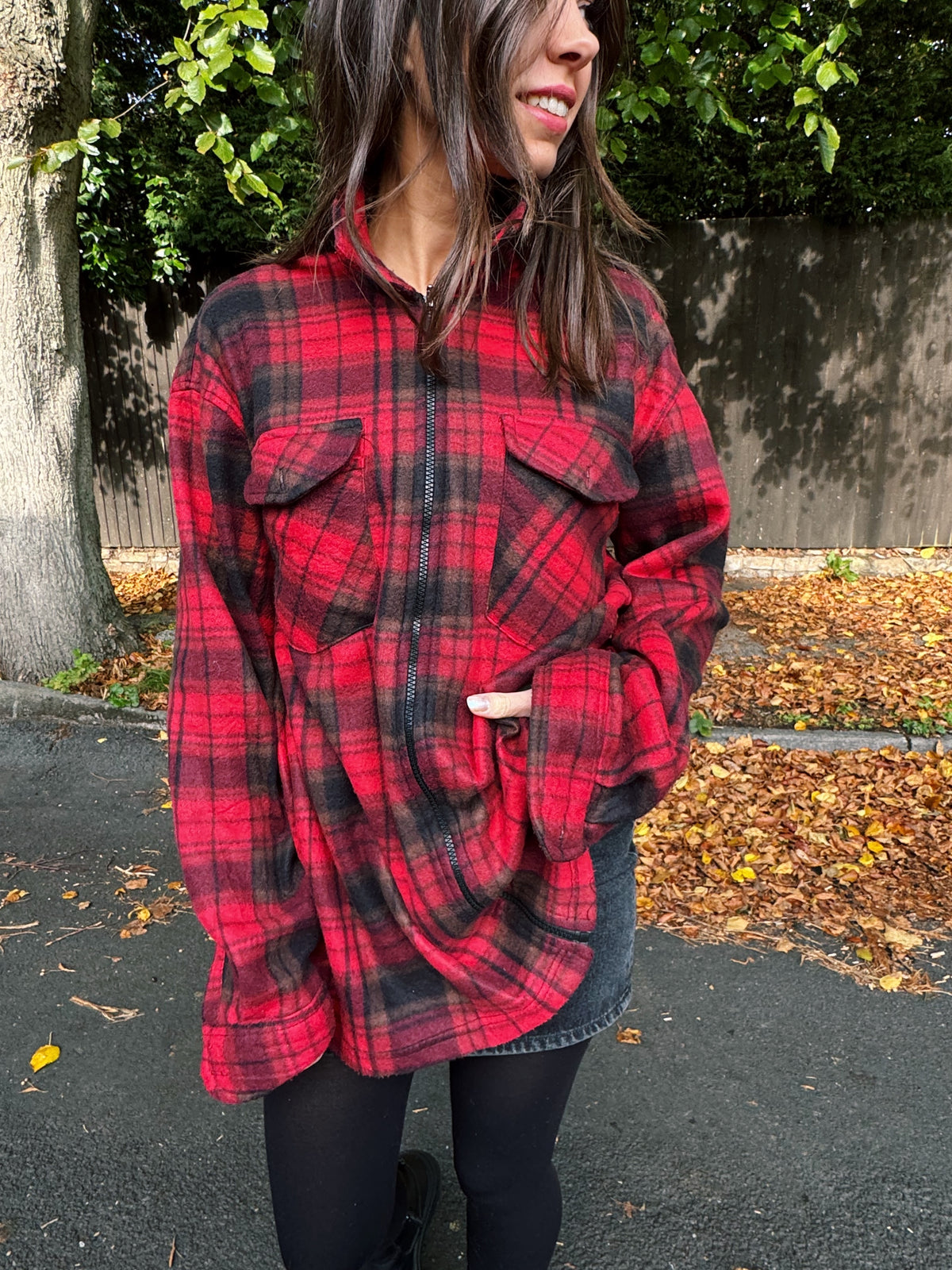 Vintage Red & Black Check Flannel Fleece Zip Up Shirt