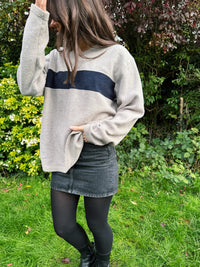 Vintage Beige Fleece Sweatshirt with Navy Stripe