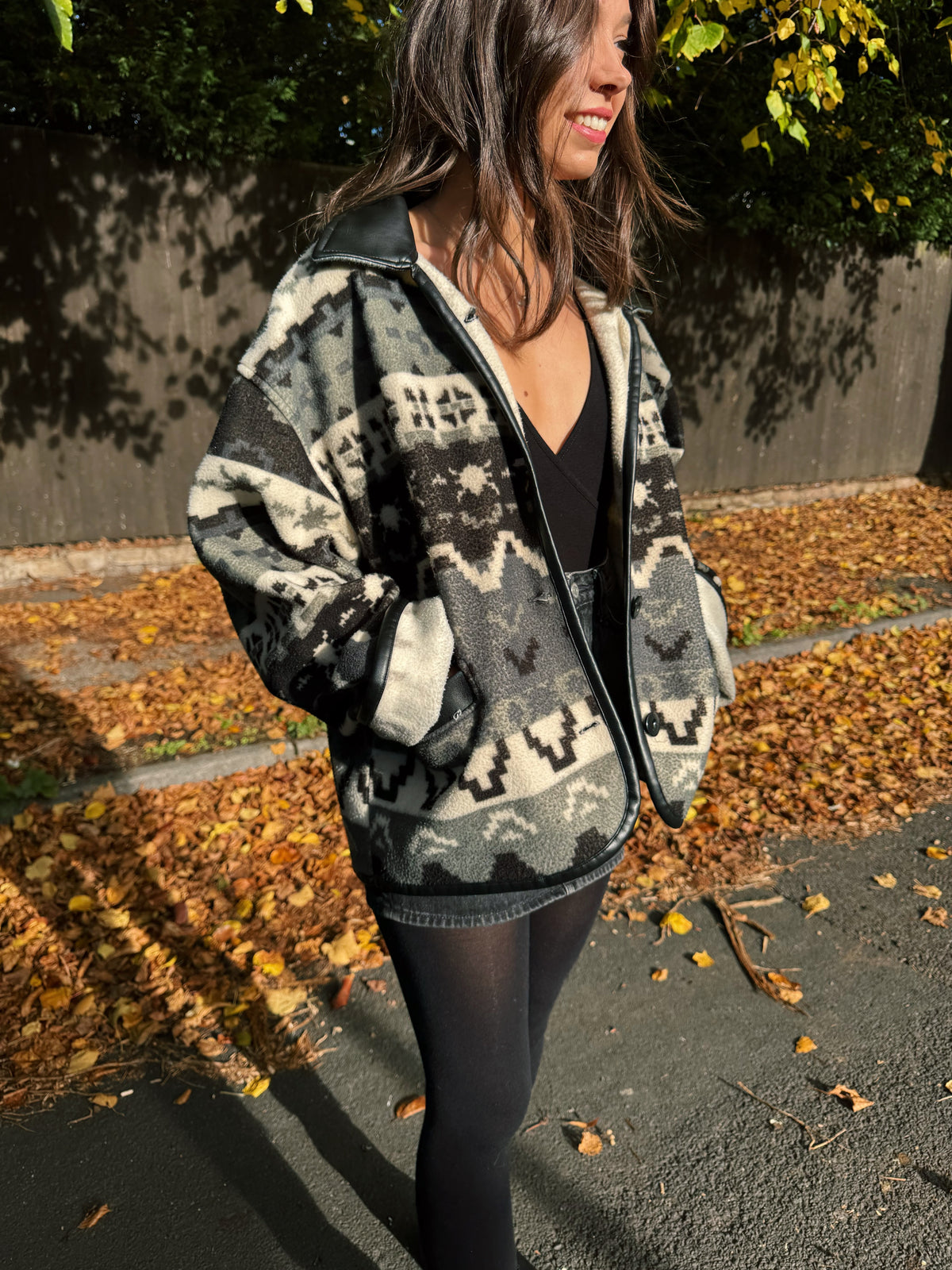 Vintage Patterned Button Up Fleece Jacket