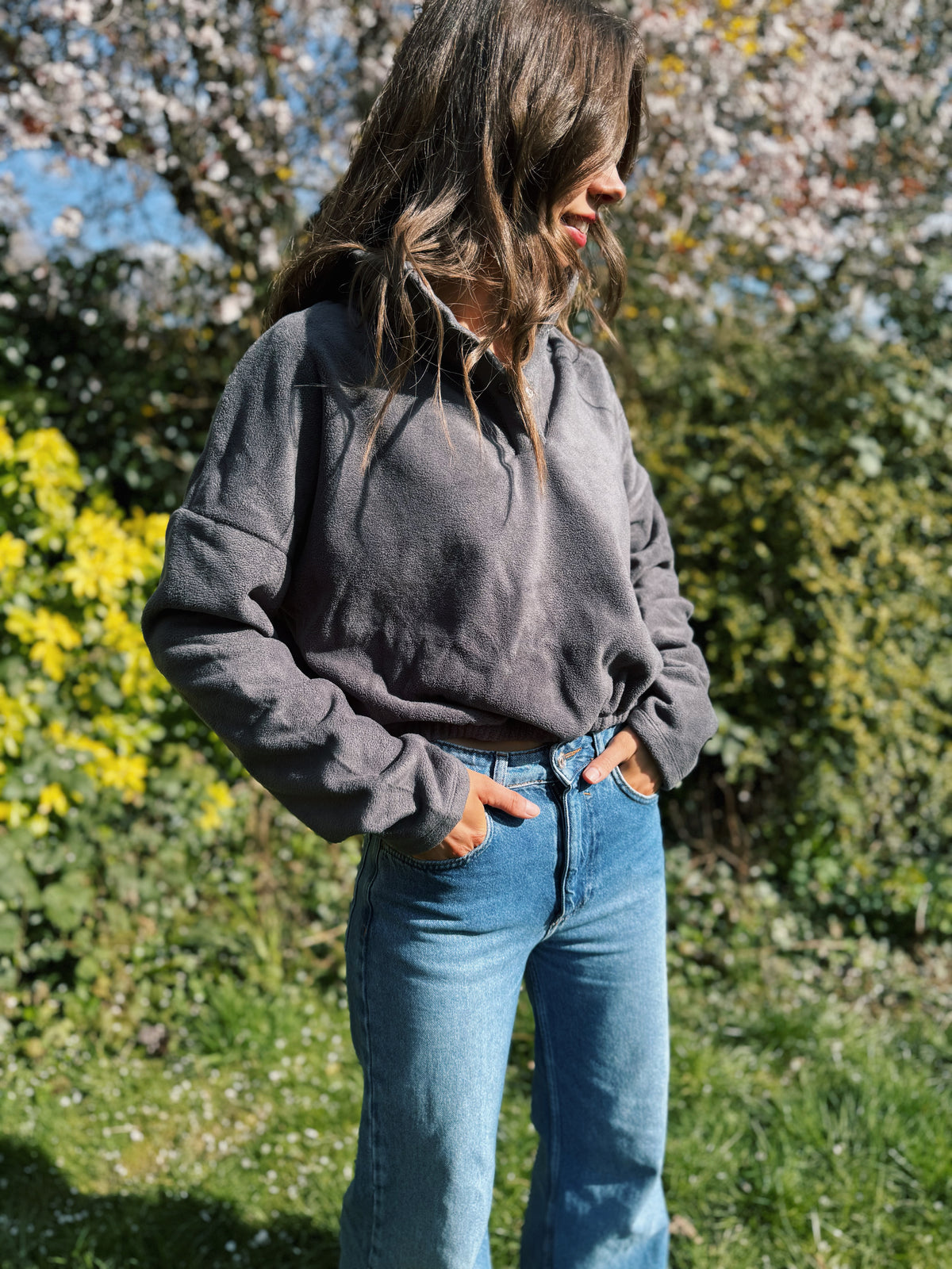 Cosy Charcoal 1/4 Button Cropped Fleece