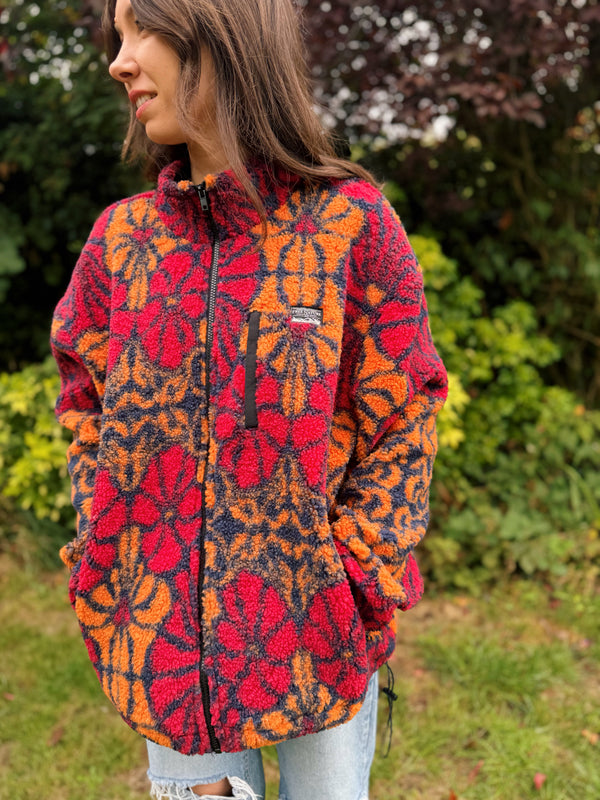 Retro Abstract Floral Zip Up Teddy Fleece Jacket