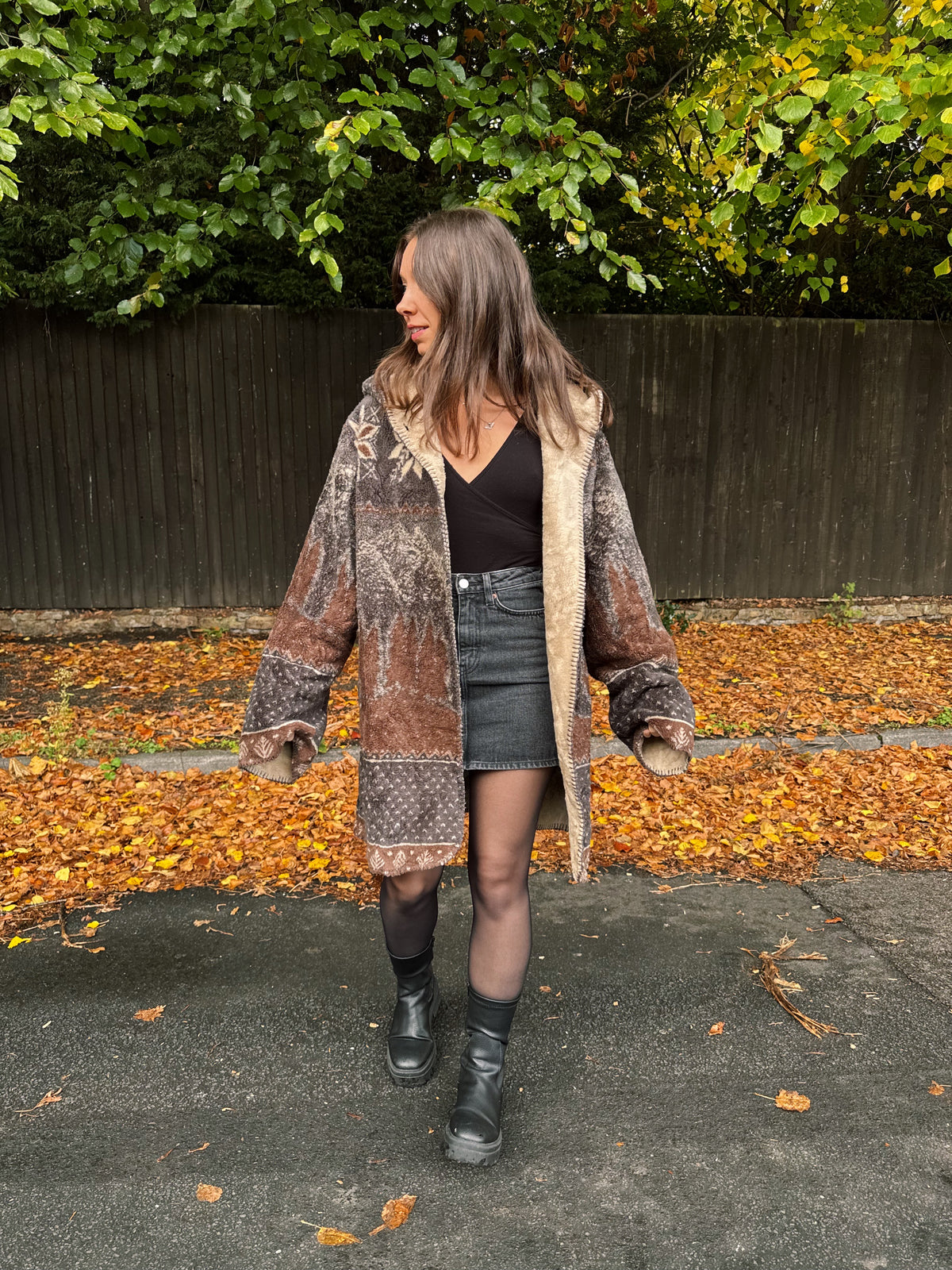 Vintage Woodland Deer Patterned Fleece Jacket With Hood