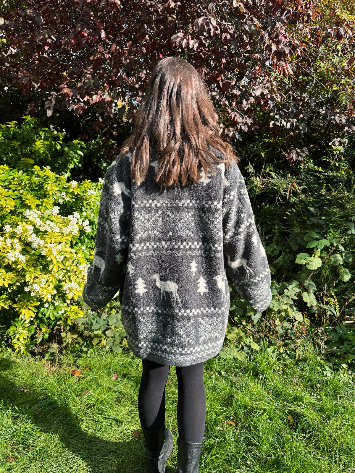 Vintage Reindeer Patterned Zip-Up Teddy Fleece Jacket