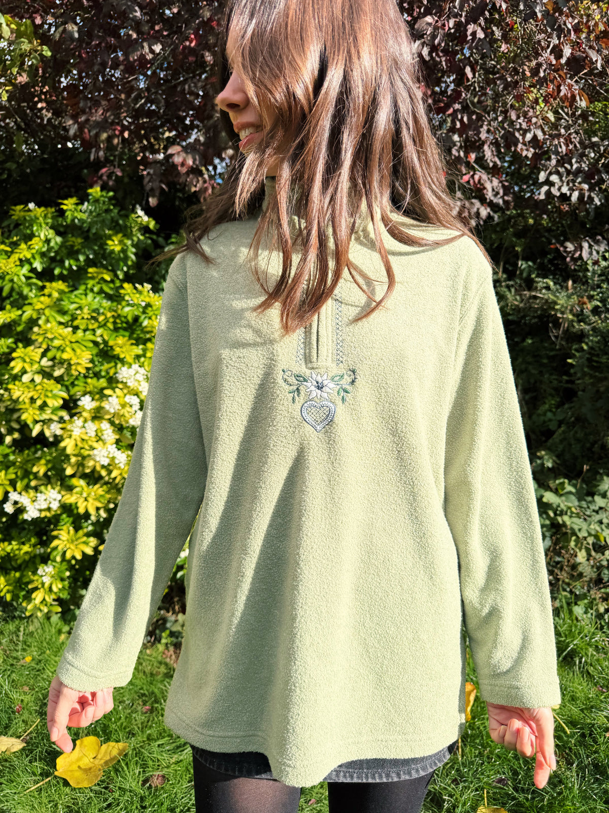 Vintage Sage Green Embroidered 1/4 Zip Fleece Pullover
