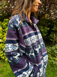 Vintage Reindeer & Snowflake Pattern Zip Up Fleece Jacket