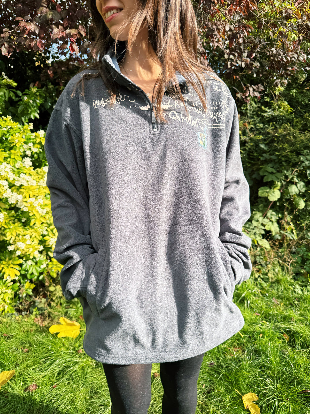 Vintage Y2K Quiksilver Script Graphic Grey 1/4 Zip Fleece