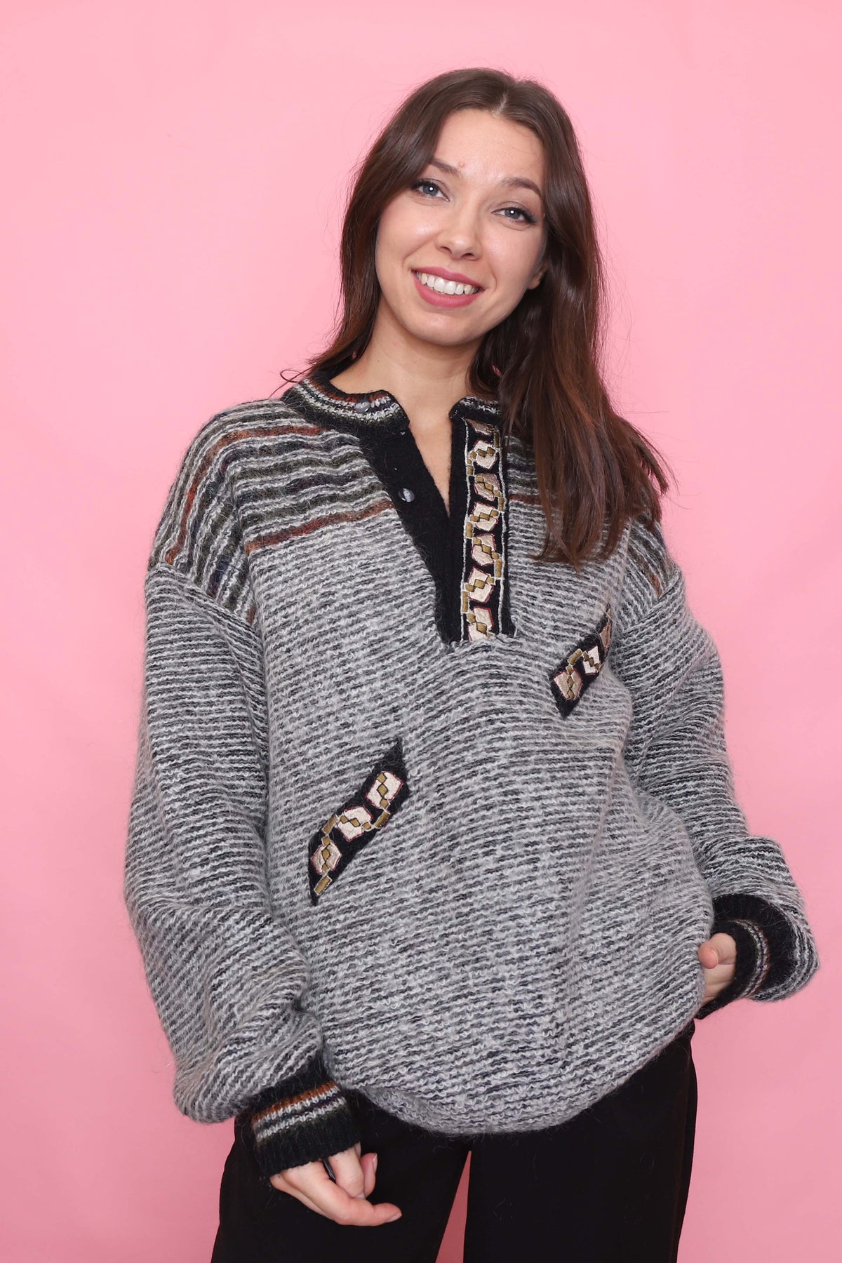 Vintage Grey 1/4 Button Chunky Knit Jumper