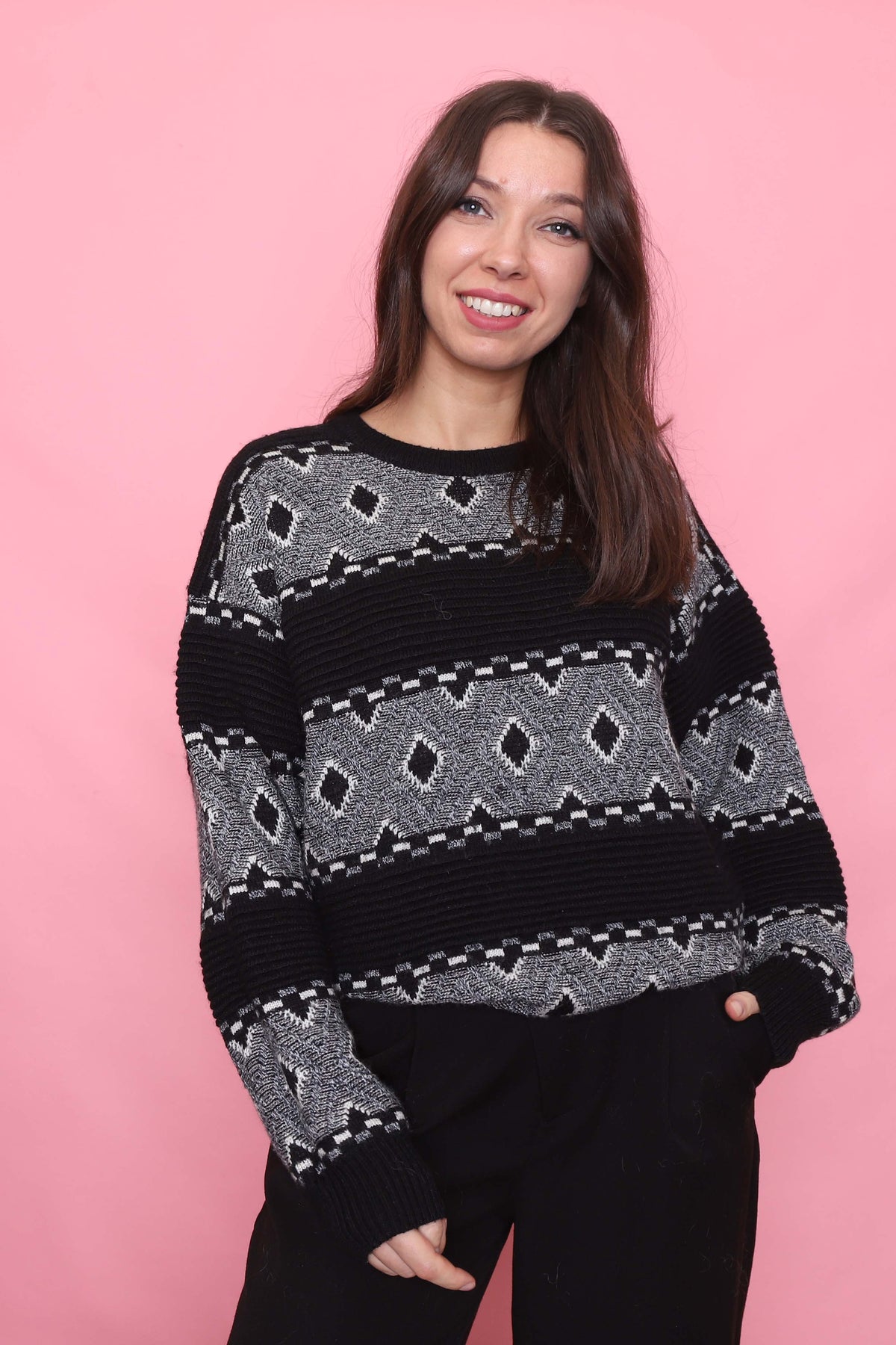 Vintage Monochrome Patterned Knit Jumper