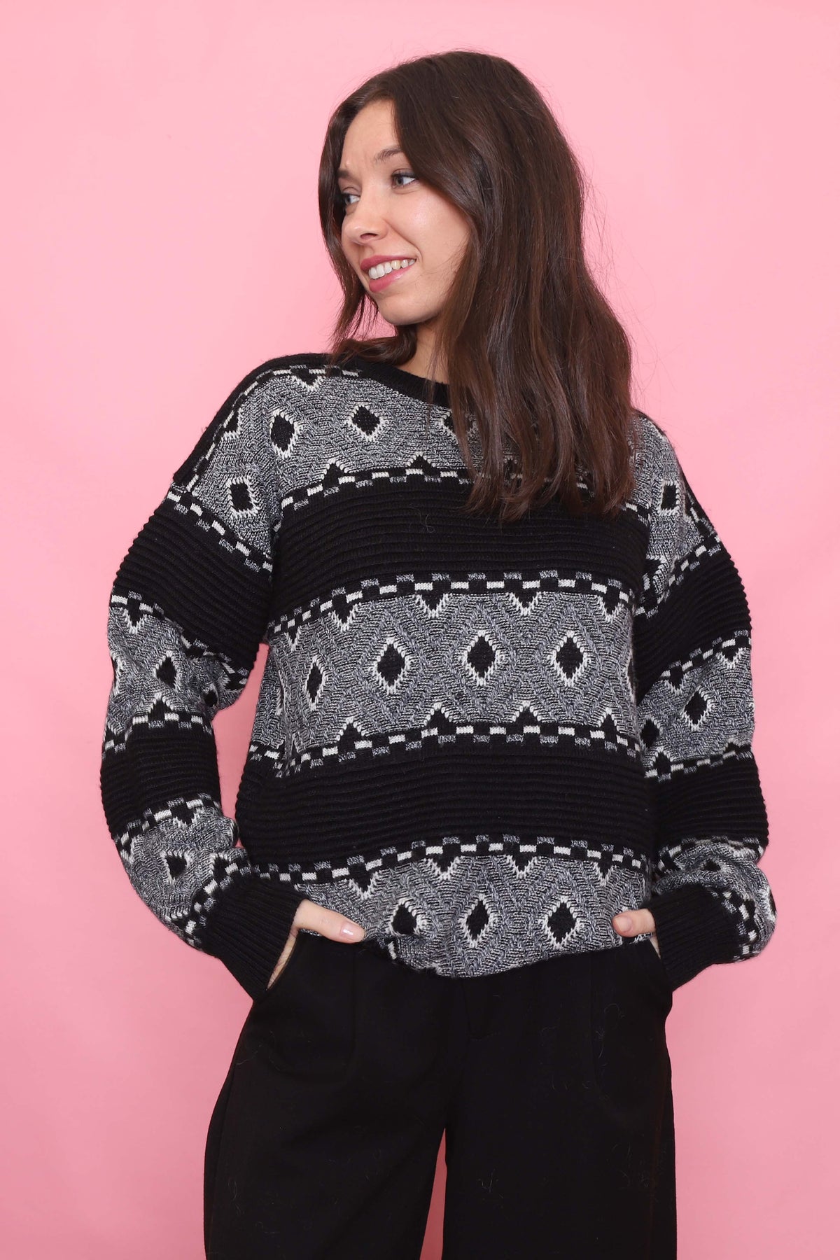 Vintage Monochrome Patterned Knit Jumper