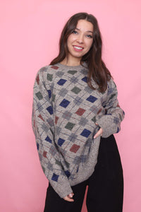 Vintage Diamond Check Patterned Knit Jumper
