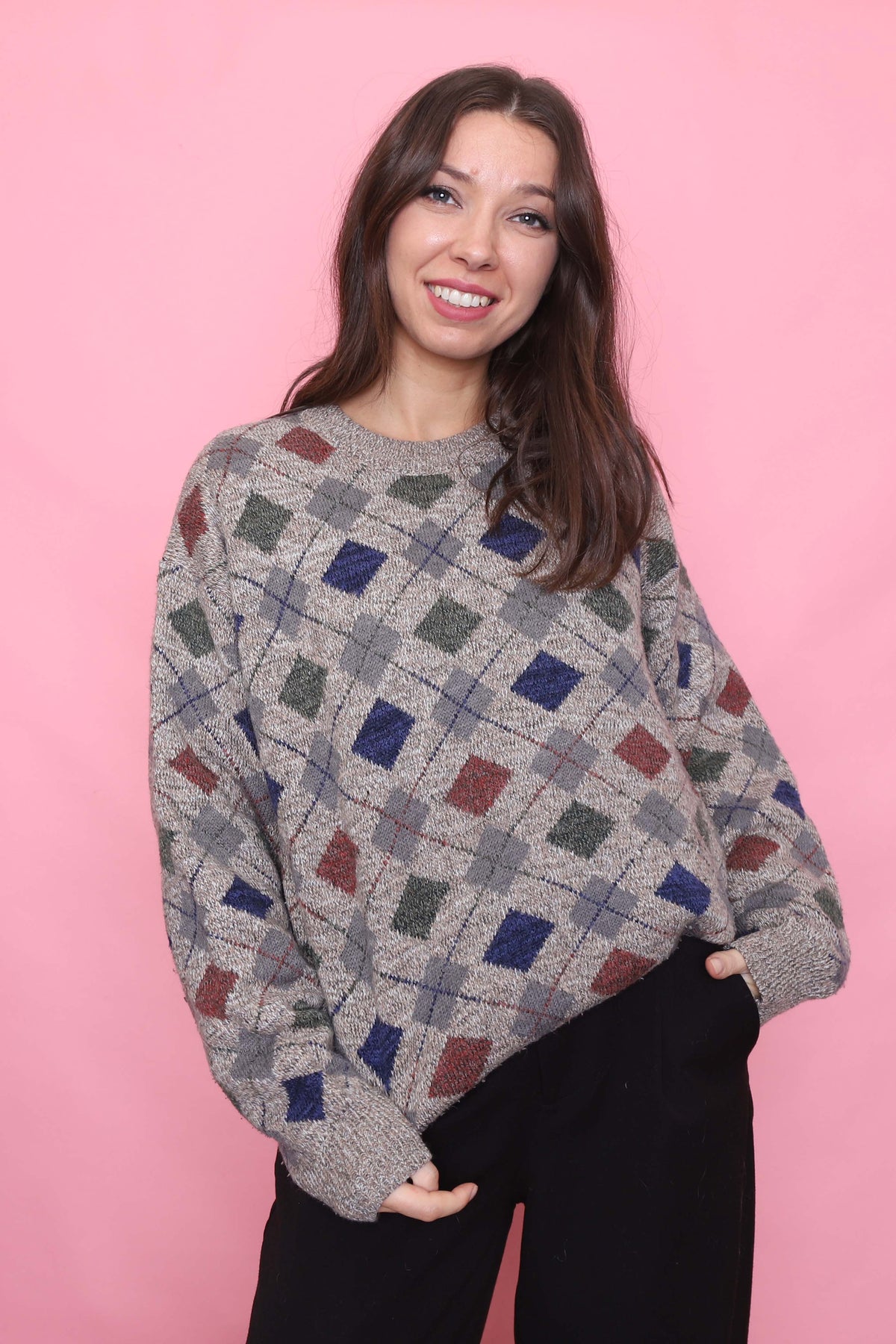 Vintage Diamond Check Patterned Knit Jumper