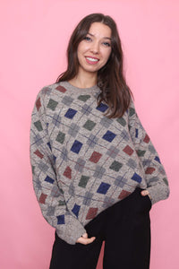 Vintage Diamond Check Patterned Knit Jumper