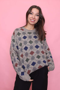 Vintage Diamond Check Patterned Knit Jumper