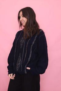 Vintage Navy Patterned Knit Jumper