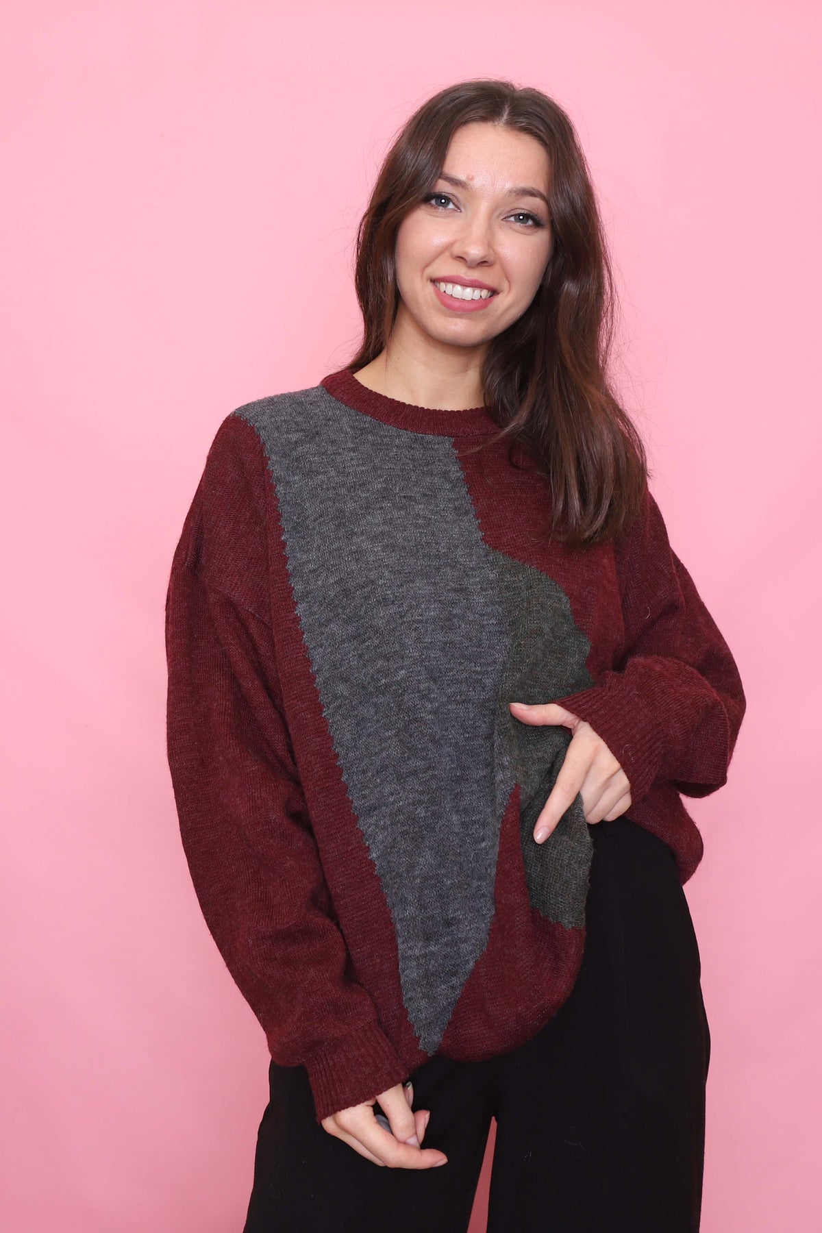 Vintage Burgundy & Grey Geometric Knit Jumper