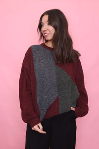 Vintage Burgundy & Grey Geometric Knit Jumper