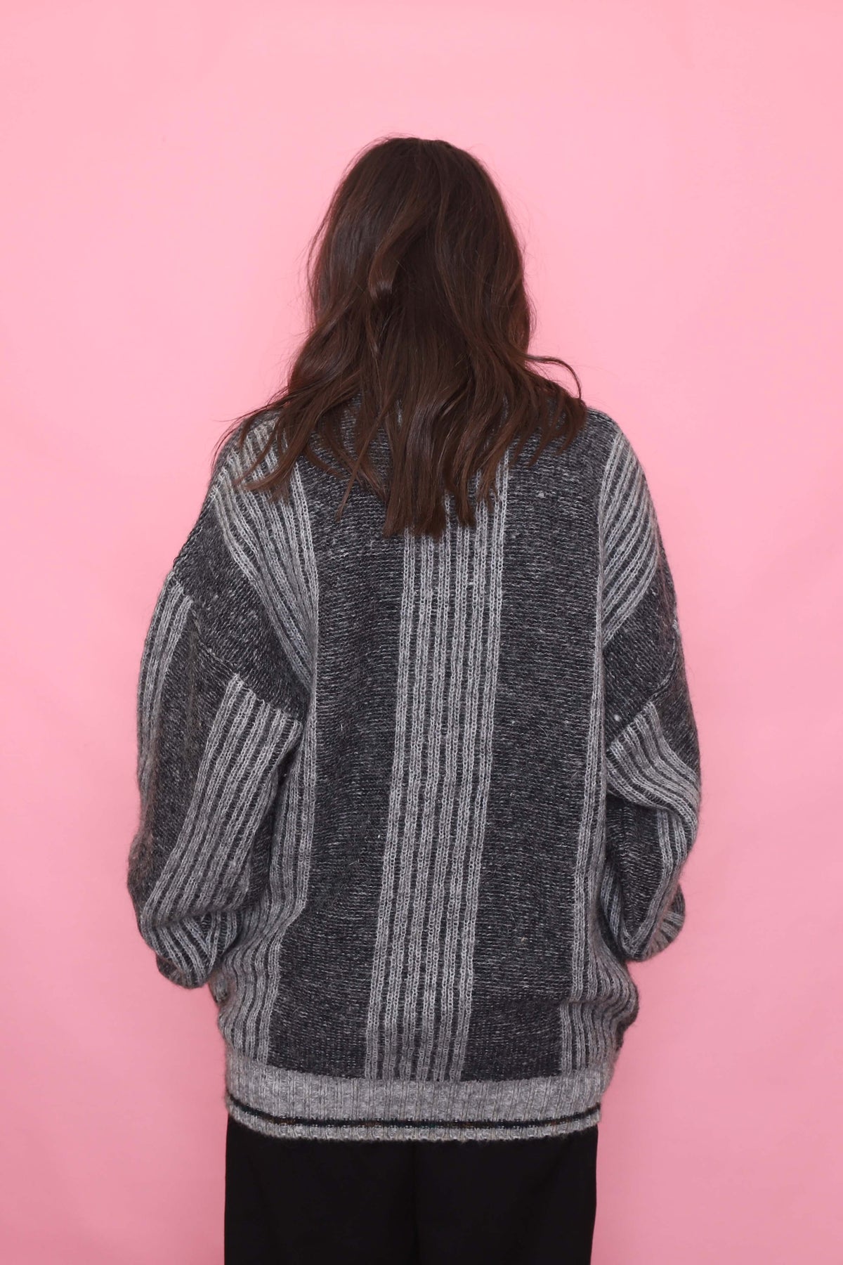 Vintage Abstract Pattern Grey Shawl Collar Knit Jumper