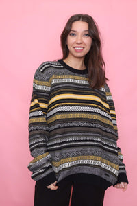 Vintage Mustard & Charcoal Stripe Patterned Knit Jumper
