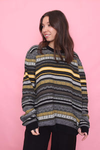 Vintage Mustard & Charcoal Stripe Patterned Knit Jumper