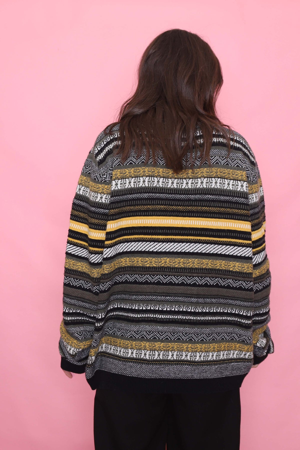 Vintage Mustard & Charcoal Stripe Patterned Knit Jumper