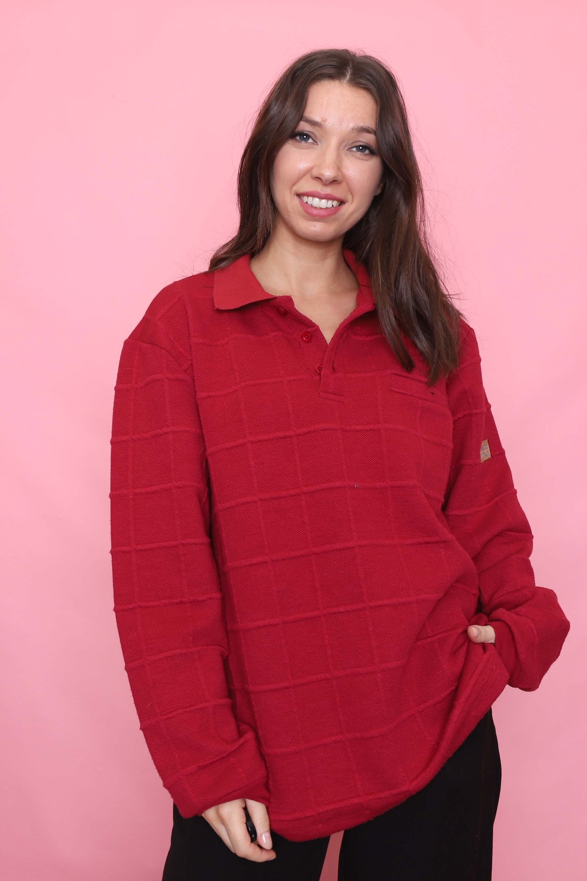 Vintage Grid Texture Red 1/4 Button Knit Jumper