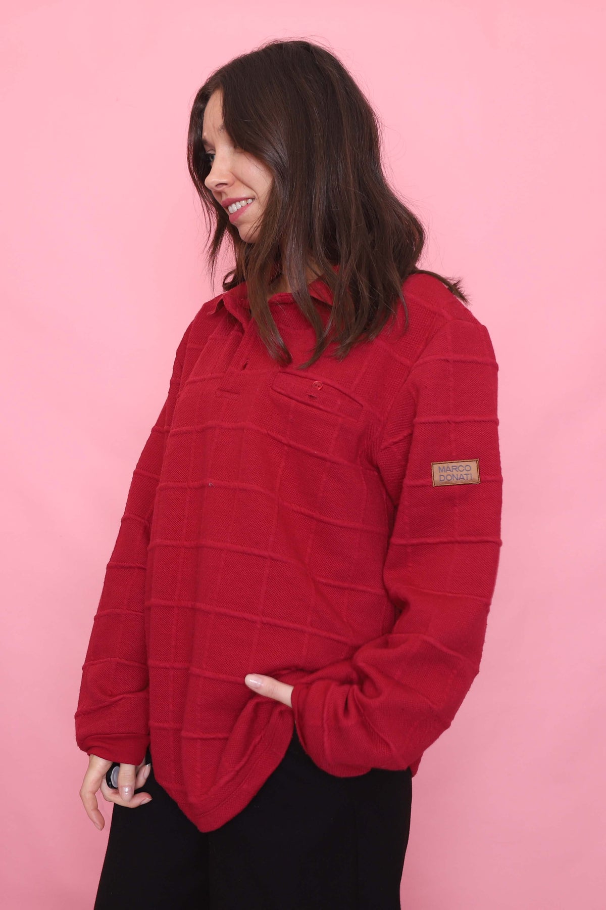 Vintage Grid Texture Red 1/4 Button Knit Jumper