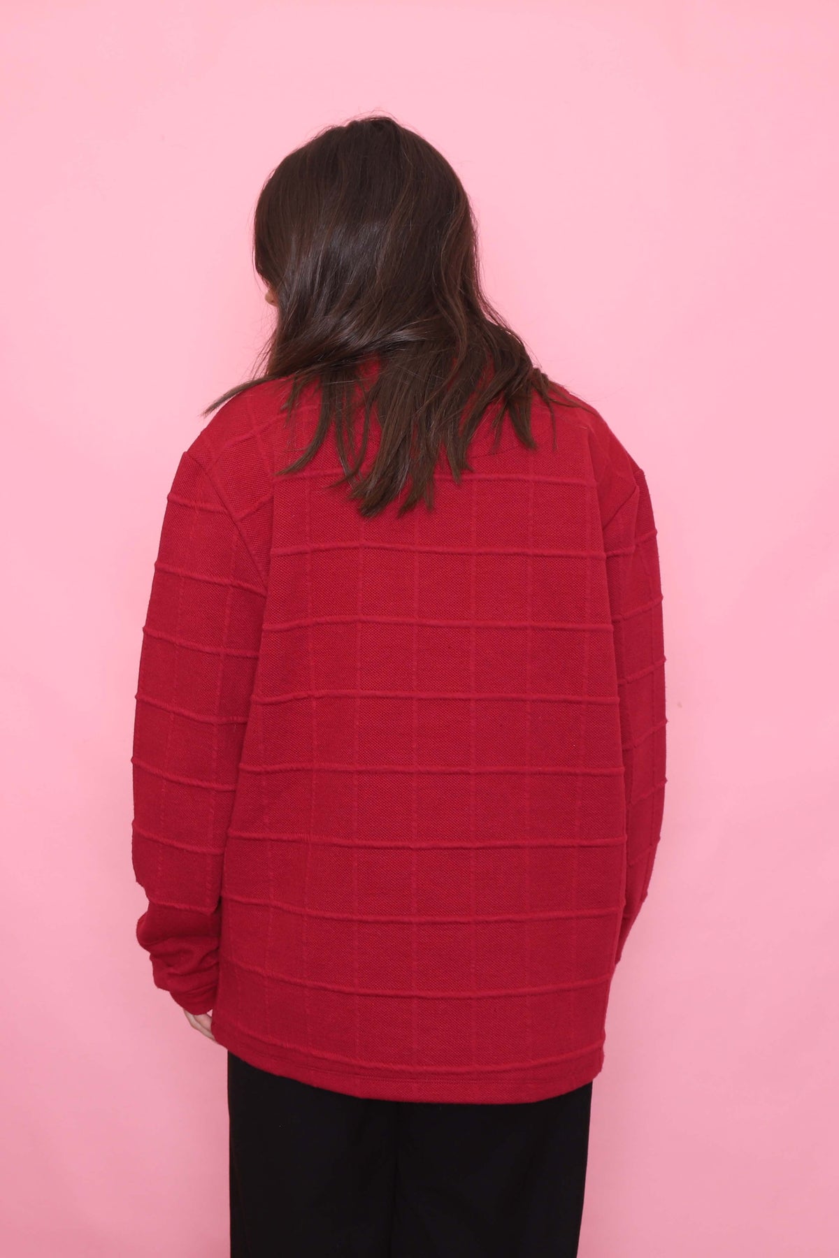 Vintage Grid Texture Red 1/4 Button Knit Jumper