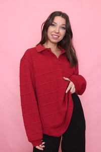 Vintage Grid Texture Red 1/4 Button Knit Jumper