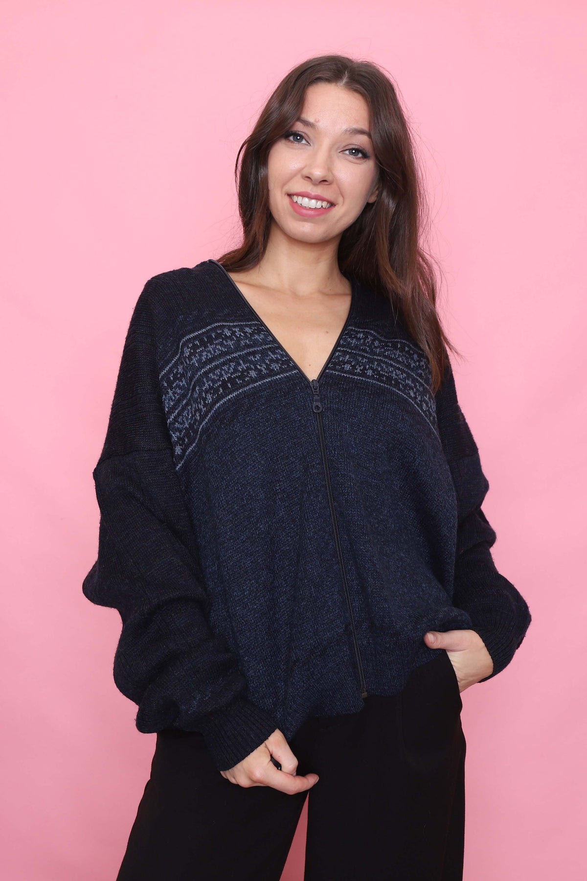 Vintage Navy Zip-Up Knit Cardigan