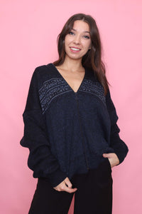Vintage Navy Zip-Up Knit Cardigan