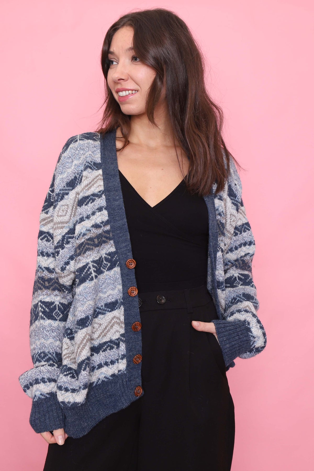 Vintage Blue & Taupe Geometric Pattern Knit Cardigan