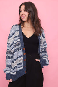 Vintage Blue & Taupe Geometric Pattern Knit Cardigan