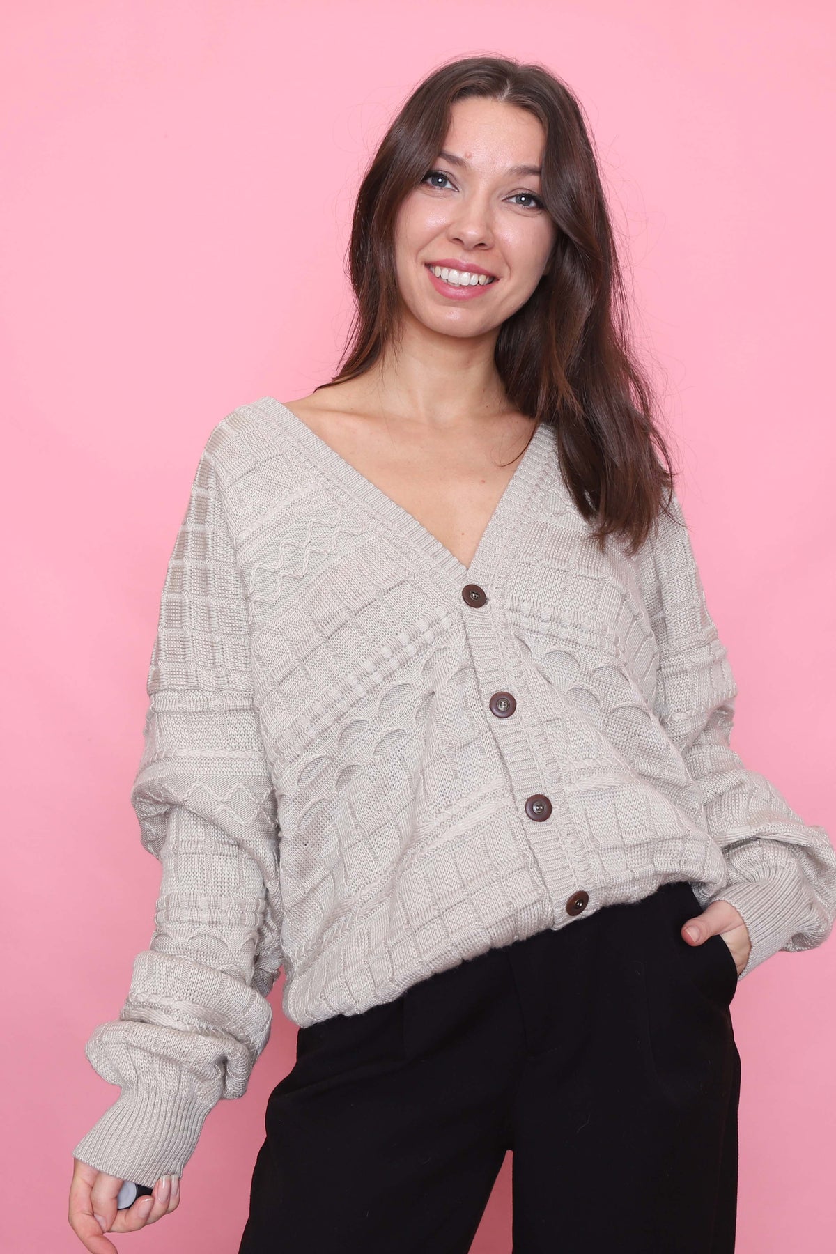 Vintage Textured Beige Knit Cardigan