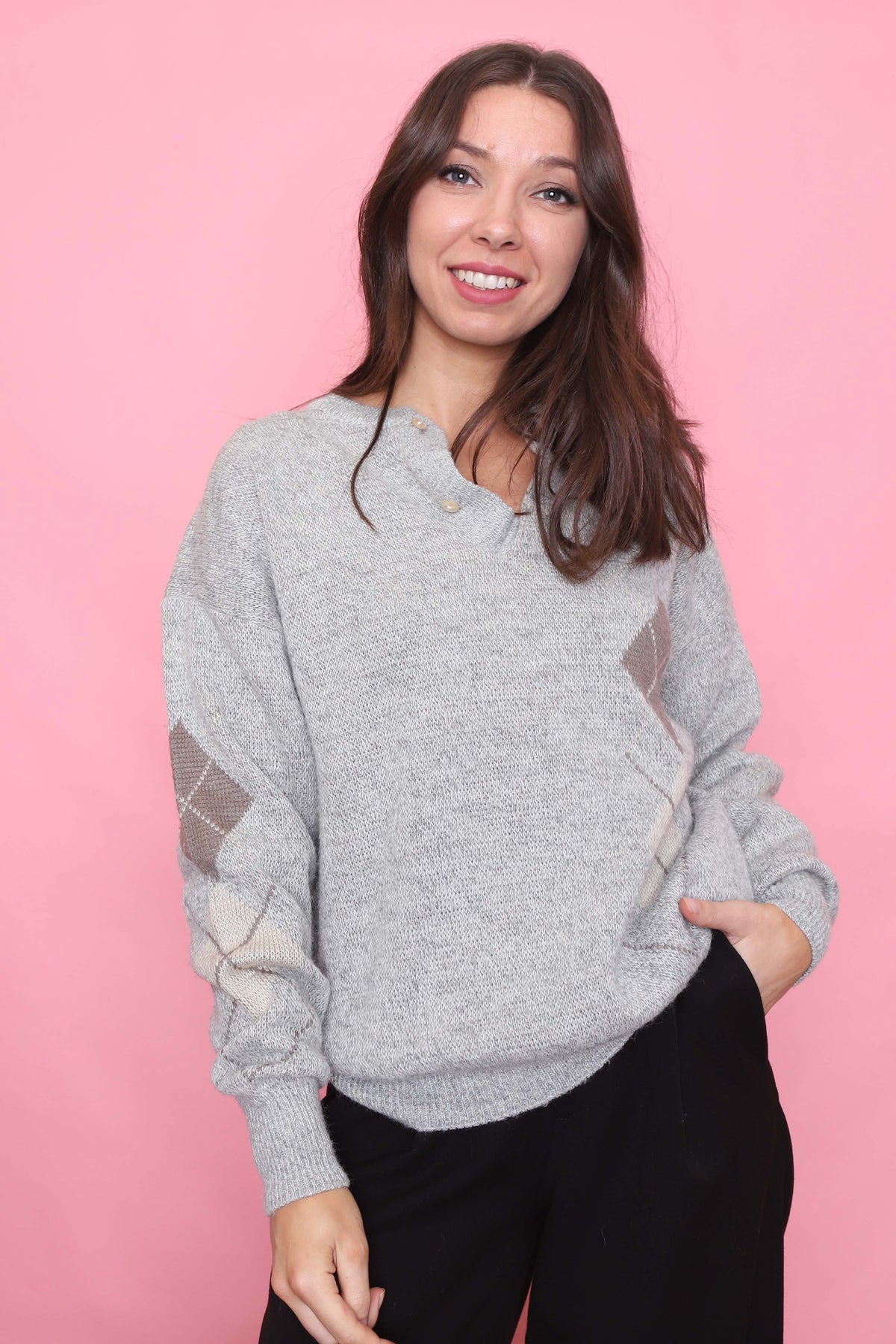 Vintage Light Grey Argyle Pattern Knit 1/4 Button Jumper